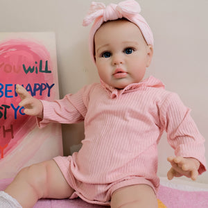 24" Reborn Doll Ellie with Hand-Painted Hair & Blue Eyes | Soft Cloth Body, Pink Romper & Headband