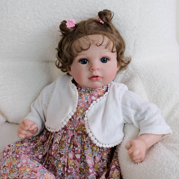 20 inch Caucasian Baby Doll Arianna - Rooted Brunette Curls & Vivid Blue Eyes | Brown Floral Dress  Ultra-Snuggly Cloth Body