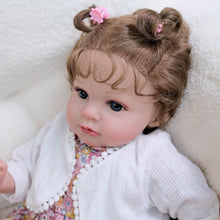 Cargar imagen en el visor de la galería, 20 inch Caucasian Baby Doll Arianna - Rooted Brunette Curls &amp; Vivid Blue Eyes | Brown Floral Dress  Ultra-Snuggly Cloth Body
