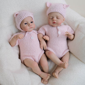 19 Inch Reborn Twin Baby Dolls Lily - Hand-Painted Heads, Powder Pink Knit Sets, Blue Eyes & Pacifiers