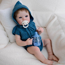 Cargar imagen en el visor de la galería, Bettie 18&quot;  Cloth Body Doll in Sleeveless Blue Knit Sweater &amp; Matching Hat  Rooted Chestnut Brown Hair Glass-Look Blue Eyes Collector Art Doll
