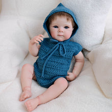 Cargar imagen en el visor de la galería, Bettie 18&quot;  Cloth Body Doll in Sleeveless Blue Knit Sweater &amp; Matching Hat  Rooted Chestnut Brown Hair Glass-Look Blue Eyes Collector Art Doll
