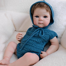Cargar imagen en el visor de la galería, Bettie 18&quot;  Cloth Body Doll in Sleeveless Blue Knit Sweater &amp; Matching Hat  Rooted Chestnut Brown Hair Glass-Look Blue Eyes Collector Art Doll
