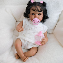 Cargar imagen en el visor de la galería, 18 inch African American Reborn Baby Bettie  Brown Skin, Implanted Black Curly Hair, Brown Eyes + Lace Knit Sweater
