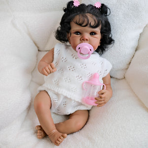18 inch African American Reborn Baby Bettie  Brown Skin, Implanted Black Curly Hair, Brown Eyes + Lace Knit Sweater