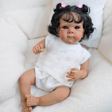 Cargar imagen en el visor de la galería, 18 inch African American Reborn Baby Bettie  Brown Skin, Implanted Black Curly Hair, Brown Eyes + Lace Knit Sweater
