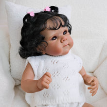 Cargar imagen en el visor de la galería, 18 inch African American Reborn Baby Bettie  Brown Skin, Implanted Black Curly Hair, Brown Eyes + Lace Knit Sweater
