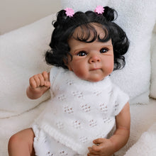 Cargar imagen en el visor de la galería, 18 inch African American Reborn Baby Bettie  Brown Skin, Implanted Black Curly Hair, Brown Eyes + Lace Knit Sweater
