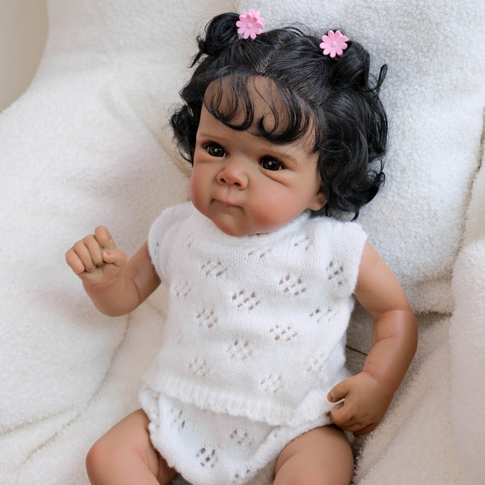 18 inch African American Reborn Baby Bettie  Brown Skin, Implanted Black Curly Hair, Brown Eyes + Lace Knit Sweater