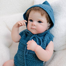 Cargar imagen en el visor de la galería, Bettie 18&quot;  Cloth Body Doll in Sleeveless Blue Knit Sweater &amp; Matching Hat  Rooted Chestnut Brown Hair Glass-Look Blue Eyes Collector Art Doll
