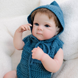 Bettie 18"  Cloth Body Doll in Sleeveless Blue Knit Sweater & Matching Hat  Rooted Chestnut Brown Hair Glass-Look Blue Eyes Collector Art Doll