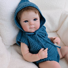 Cargar imagen en el visor de la galería, Bettie 18&quot;  Cloth Body Doll in Sleeveless Blue Knit Sweater &amp; Matching Hat  Rooted Chestnut Brown Hair Glass-Look Blue Eyes Collector Art Doll
