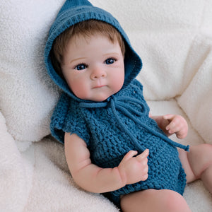 Bettie 18"  Cloth Body Doll in Sleeveless Blue Knit Sweater & Matching Hat  Rooted Chestnut Brown Hair Glass-Look Blue Eyes Collector Art Doll