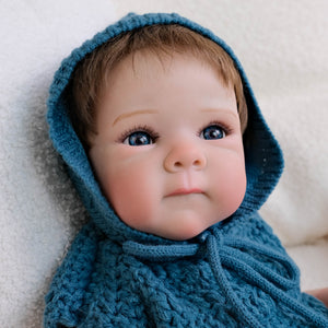 Bettie 18"  Cloth Body Doll in Sleeveless Blue Knit Sweater & Matching Hat  Rooted Chestnut Brown Hair Glass-Look Blue Eyes Collector Art Doll