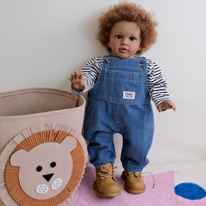 26" Deep Skin Baby Doll with Implanted Brown Afro & 3D Eyes - Denim Overalls w/ Black-White Striped Lining - Realistic Pippa