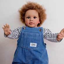 Cargar imagen en el visor de la galería, 26&quot; Deep Skin Baby Doll with Implanted Brown Afro &amp; 3D Eyes - Denim Overalls w/ Black-White Striped Lining - Realistic Pippa
