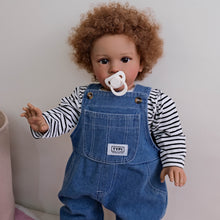 Cargar imagen en el visor de la galería, 26&quot; Deep Skin Baby Doll with Implanted Brown Afro &amp; 3D Eyes - Denim Overalls w/ Black-White Striped Lining - Realistic Pippa
