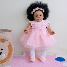 Cargar imagen en el visor de la galería, 26&quot; Deep Skin Doll with Implanted Afro Hair &amp; 3D Brown Eyes - Pink Tulle Lace Dress, Butterfly Pacifier - Realistic Baby Pippa
