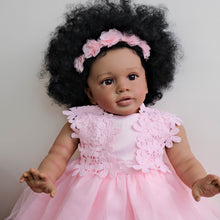 Cargar imagen en el visor de la galería, 26&quot; Deep Skin Doll with Implanted Afro Hair &amp; 3D Brown Eyes - Pink Tulle Lace Dress, Butterfly Pacifier - Realistic Baby Pippa

