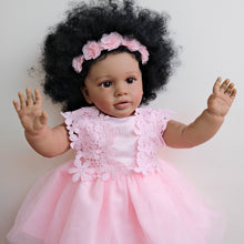 Cargar imagen en el visor de la galería, 26&quot; Deep Skin Doll with Implanted Afro Hair &amp; 3D Brown Eyes - Pink Tulle Lace Dress, Butterfly Pacifier - Realistic Baby Pippa
