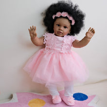 Cargar imagen en el visor de la galería, 26&quot; Deep Skin Doll with Implanted Afro Hair &amp; 3D Brown Eyes - Pink Tulle Lace Dress, Butterfly Pacifier - Realistic Baby Pippa
