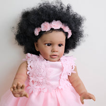 Cargar imagen en el visor de la galería, 26&quot; Deep Skin Doll with Implanted Afro Hair &amp; 3D Brown Eyes - Pink Tulle Lace Dress, Butterfly Pacifier - Realistic Baby Pippa

