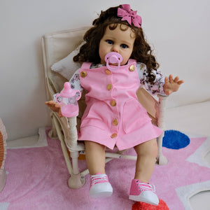 24" African American Baby Doll Ellie - Rooted Long Brown Curls & Chocolate Eyes | Pink Overalls with Floral Lining | Ultra-Soft Cloth Body