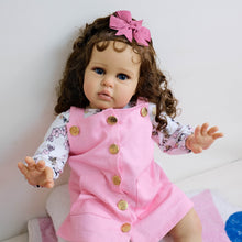 Cargar imagen en el visor de la galería, 24&quot; African American Baby Doll Ellie - Rooted Long Brown Curls &amp; Chocolate Eyes | Pink Overalls with Floral Lining | Ultra-Soft Cloth Body
