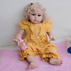 24 Inch Fabric Body Reborn Baby Doll - Golden Haired Ellie in Yellow Gauze Flutter Sleeve Outfit, Blue Eyes