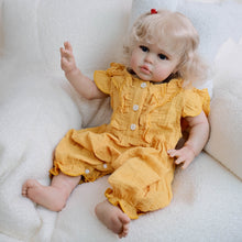 Cargar imagen en el visor de la galería, 24 Inch Fabric Body Reborn Baby Doll - Golden Haired Ellie in Yellow Gauze Flutter Sleeve Outfit, Blue Eyes
