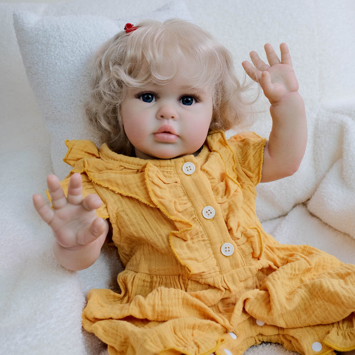 24 Inch Fabric Body Reborn Baby Doll - Golden Haired Ellie in Yellow Gauze Flutter Sleeve Outfit, Blue Eyes