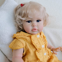 Cargar imagen en el visor de la galería, 24 Inch Fabric Body Reborn Baby Doll - Golden Haired Ellie in Yellow Gauze Flutter Sleeve Outfit, Blue Eyes
