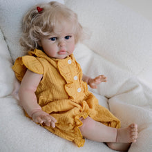 Cargar imagen en el visor de la galería, 24 Inch Fabric Body Reborn Baby Doll - Golden Haired Ellie in Yellow Gauze Flutter Sleeve Outfit, Blue Eyes
