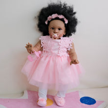 Cargar imagen en el visor de la galería, 26&quot; Deep Skin Doll with Implanted Afro Hair &amp; 3D Brown Eyes - Pink Tulle Lace Dress, Butterfly Pacifier - Realistic Baby Pippa
