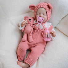 Cargar imagen en el visor de la galería, 19 inch 48cm Sleeping Reborn Baby &quot;Valentina&quot; - Hand-Rooted Hair, Cloth Body + Blush Pink Pinafore Set &amp; Bonus Companion Doll
