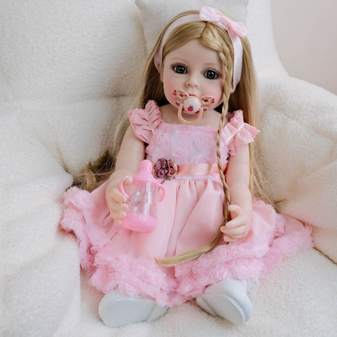 22 inch lifelike open blue eyes reborn baby dolls realistic golden wig hair pink dress babysize doll toys for kids birthday holiday present gifts