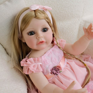 22 inch lifelike open blue eyes reborn baby dolls realistic golden wig hair pink dress babysize doll toys for kids birthday holiday present gifts