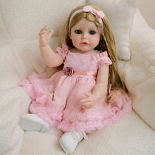 Load image into Gallery viewer, 22 inch lifelike open blue eyes reborn baby dolls realistic golden wig hair pink dress babysize doll toys for kids birthday holiday present gifts
