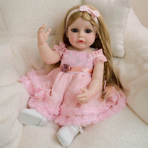 22 inch lifelike open blue eyes reborn baby dolls realistic golden wig hair pink dress babysize doll toys for kids birthday holiday present gifts