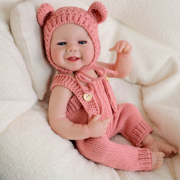 20 inch Fully Vinyl Baby Doll with Hand-Painted Hair & Blue Eyes - Pink Hooded Overalls Set | Realistic Toddler Girl - Emmy