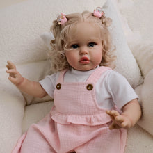 Load image into Gallery viewer, 24inch Reborn Baby Girl Ellie - Blonde Rooted Hair in Pigtails &amp; Blue Eyes, Pink Sheer Overalls with White Onesie, Plush Body &amp; Butterfly Pacifier
