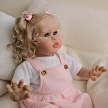 Load image into Gallery viewer, 24inch Reborn Baby Girl Ellie - Blonde Rooted Hair in Pigtails &amp; Blue Eyes, Pink Sheer Overalls with White Onesie, Plush Body &amp; Butterfly Pacifier
