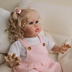 24inch Reborn Baby Girl Ellie - Blonde Rooted Hair in Pigtails & Blue Eyes, Pink Sheer Overalls with White Onesie, Plush Body & Butterfly Pacifier