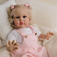 Load image into Gallery viewer, 24inch Reborn Baby Girl Ellie - Blonde Rooted Hair in Pigtails &amp; Blue Eyes, Pink Sheer Overalls with White Onesie, Plush Body &amp; Butterfly Pacifier
