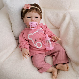 20inch Reborn Baby Doll August - Awake Blue Eyes & Rooted Brown Hair, Wearing Cozy Purple Pink Bear Print Outfit, Plush Body
