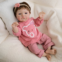 Load image into Gallery viewer, 20inch Reborn Baby Doll August - Awake Blue Eyes &amp; Rooted Brown Hair, Wearing Cozy Purple Pink Bear Print Outfit, Plush Body
