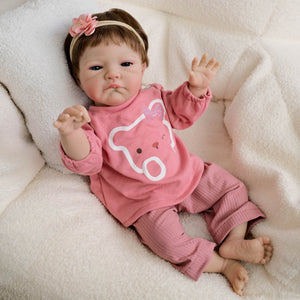 20inch Reborn Baby Doll August - Awake Blue Eyes & Rooted Brown Hair, Wearing Cozy Purple Pink Bear Print Outfit, Plush Body