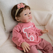 Load image into Gallery viewer, 20inch Reborn Baby Doll August - Awake Blue Eyes &amp; Rooted Brown Hair, Wearing Cozy Purple Pink Bear Print Outfit, Plush Body
