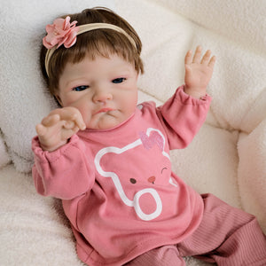 20inch Reborn Baby Doll August - Awake Blue Eyes & Rooted Brown Hair, Wearing Cozy Purple Pink Bear Print Outfit, Plush Body