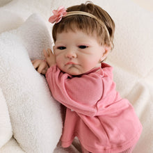 Load image into Gallery viewer, 20inch Reborn Baby Doll August - Awake Blue Eyes &amp; Rooted Brown Hair, Wearing Cozy Purple Pink Bear Print Outfit, Plush Body
